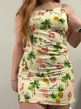 Sleeveless Tropical Print Mini Dress in Cream